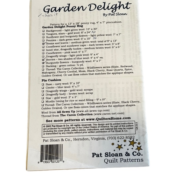 Garden Delight  Pat Sloan & Co Quilt Patterns Wool Penny Rug Pattern - Picture 2 of 2
